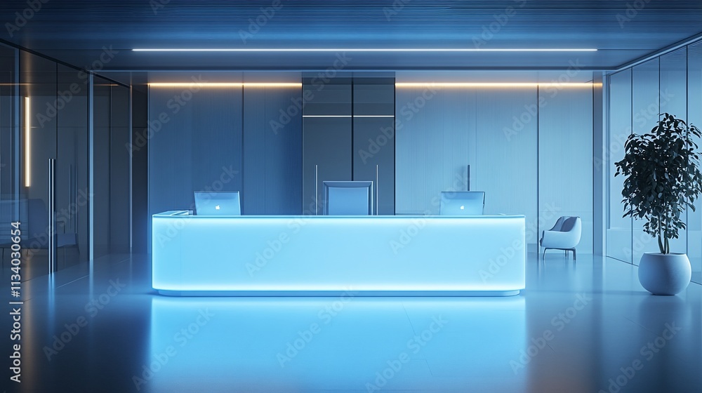 Poster modern reception area with a glowing desk and minimalistic design.