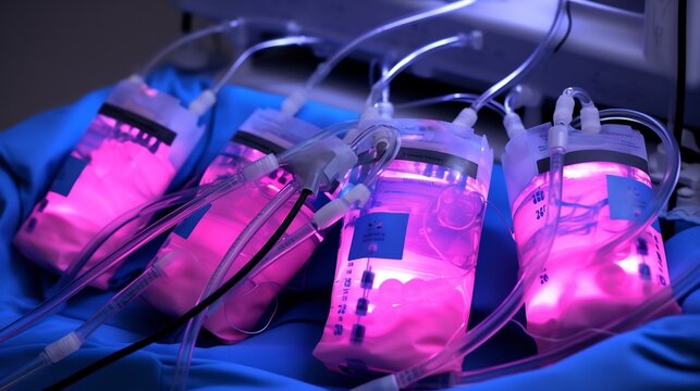 Closeup View of Dialysis Fluid Bags and Tubing During Localized Medical Treatment Procedure  Sterile and Bright Medical Equipment and Apparatus for Kidney Dialysis Process