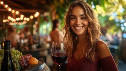 Happy woman enjoying red wine at winery.