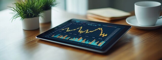 Analyzing business trends on tablet interface in modern office environment with data visualization techniques