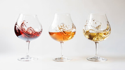 Naklejka premium Three wine glasses with swirling splashes of red, amber, and white, perfect for dynamic website banners or headers