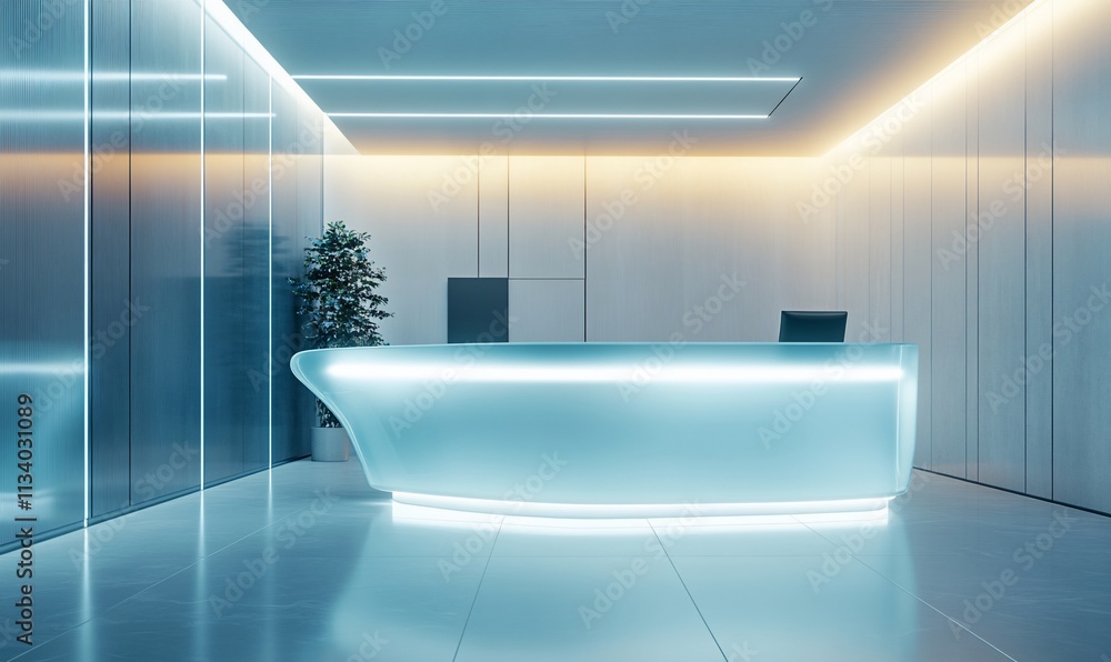 Poster modern reception area with a sleek, illuminated desk and minimalist design.