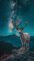 A majestic white deer with perfect antlers, on the mountain and the view of the stars in the beautiful sky