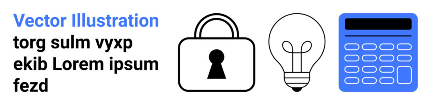 Padlock, light bulb, and calculator icons arranged consecutively with text. Ideal for security, creativity, finance, technology, problem-solving protection and education themes. Landing page