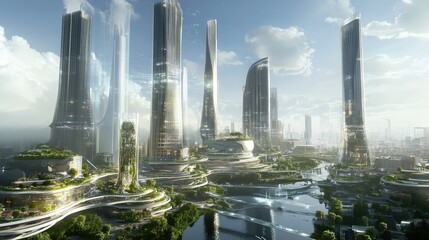 Fototapeta premium Futuristic Cityscape with Sleek Skyscrapers and Lush Green Spaces