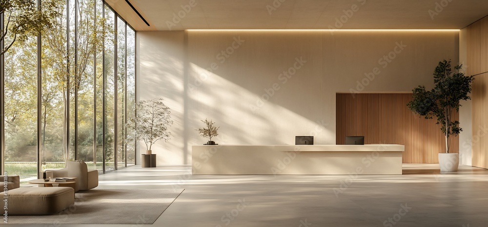 Poster modern reception area with natural light and minimalist design.