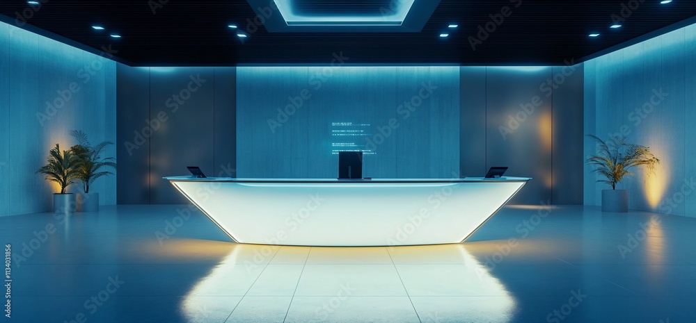 Poster modern reception area with sleek lighting and minimalist design.