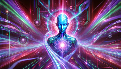 Fototapeta premium A neon-lit cyberspace with swirling energy patterns in shades of purple, blue and pink, with a glowing AI character at its centre. Radiates bright electric power and stands out with its, Generative AI
