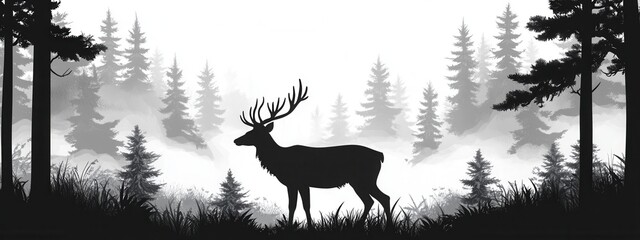 Majestic deer in a misty forest nature landscape view serene environment concept silhouette scene