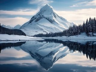 Majestic Snowy Mountain Peak with Tranquil Lake Reflection