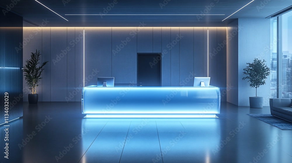 Poster Modern reception area with sleek design and ambient lighting.