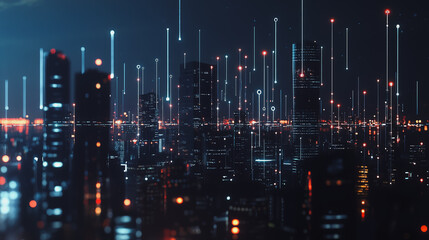 Smart digital Innovation city with connection network reciprocity over the cityscape. of future smart wireless digital city and social media networking systems that connects people with in city