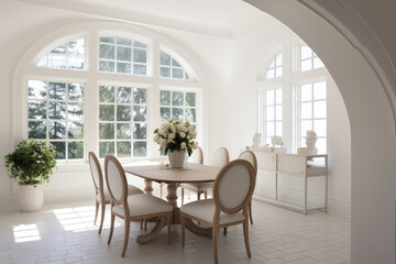 Elegant Bright Dining Room with Large Windows and Decor
