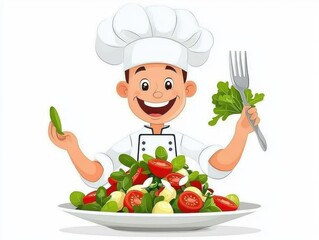 Chef preparing fresh vegetable salad in kitchen culinary arts bright and colorful environment cheerful viewpoint