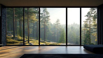 Fototapeta premium View from the house through panoramic windows onto the beautiful nature. Country house, modern house in the forest.