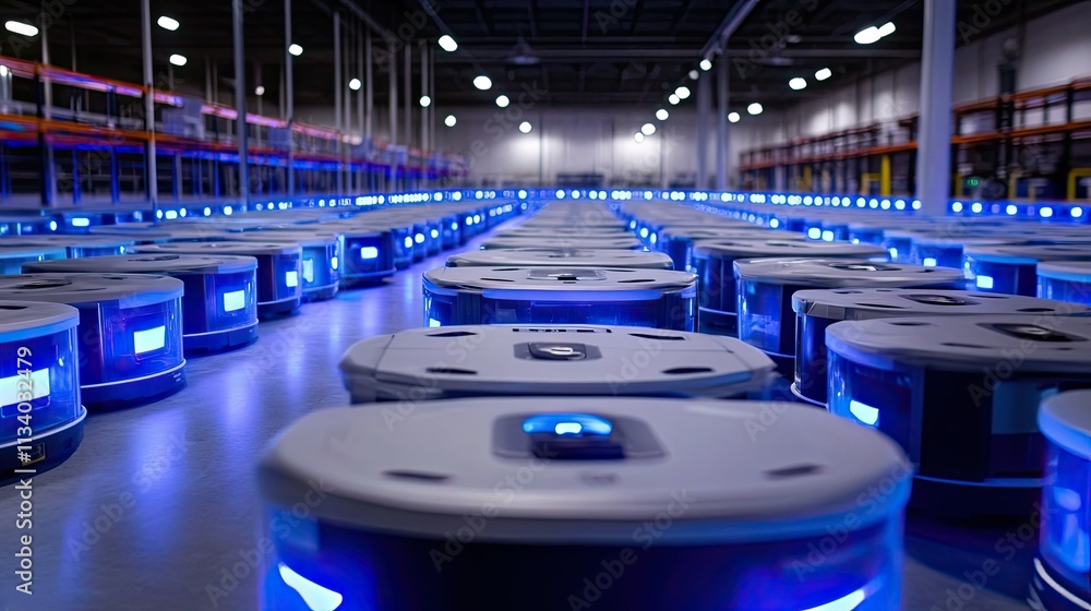Poster automated warehouse robots with blue lights in industrial setting