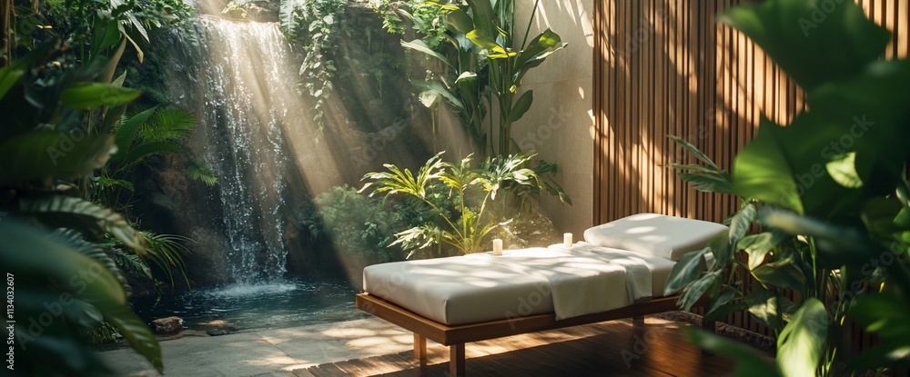 Poster serene spa setting with a massage table and a waterfall backdrop.