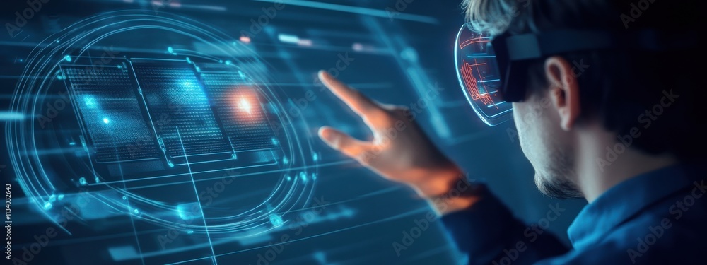 Poster futuristic technology concept featuring a man in vr goggles interacting with digital interface in a 