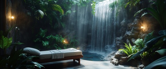Serene indoor oasis with a waterfall and relaxation area.