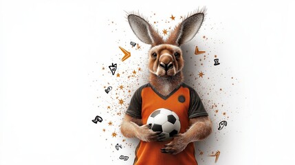A flat illustration of a kangaroo in an orange and black sports jersey holding a soccer ball, surrounded by dynamic stars, arrows, and graphic icons on a white background