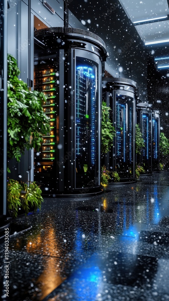 Aufkleber modern data center with snowfall and greenery, showcasing advanced server cabinets in a high-tech en