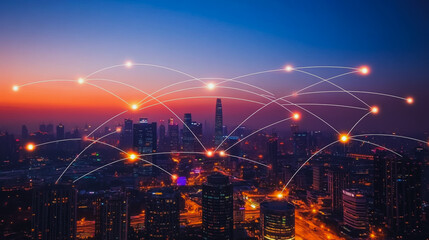 Smart digital Innovation city with connection network reciprocity over the cityscape. of future smart wireless digital city and social media networking systems that connects people with in city