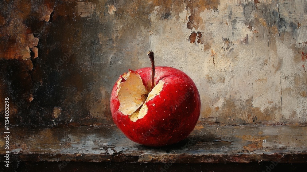 Poster a partially eaten red apple sits on a rustic surface, painted with textured strokes. ideal for conce