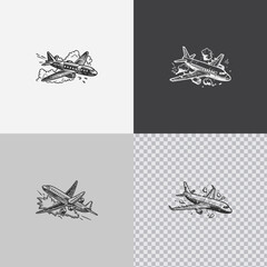Set of Sheet airplane is flying in the sky. Cartoon isolated vector illustration
