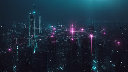 Fototapeta premium Smart digital Innovation city with connection network reciprocity over the cityscape. of future smart wireless digital city and social media networking systems that connects people with in city