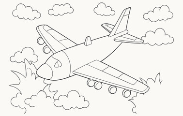 The airplane is flying in the sky. Cartoon isolated vector illustration, black and white coloring pages