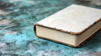 Closed antique book with blank cover on a teal textured surface.