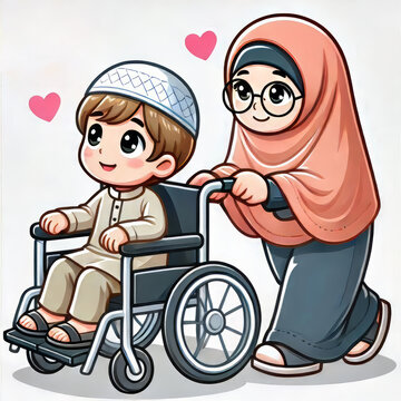 recommend clip art: cartoon of a Muslim child pushing a person in a wheelchair
