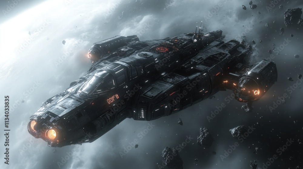 Poster futuristic spaceship navigating through an asteroid field in outer space.