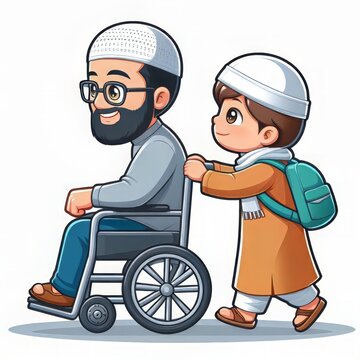 recommend clip art: cartoon of a Muslim child pushing a person in a wheelchair
