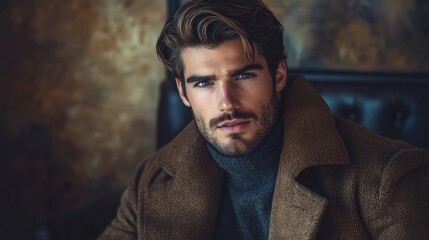 handsome man portrait stylish model in brown coat