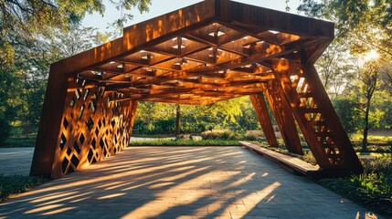A unique outdoor pavilion with triangular overhangs and angular support beams, casting intricate patterns of light and shadow