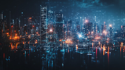 Fototapeta premium Smart digital Innovation city with connection network reciprocity over the cityscape. of future smart wireless digital city and social media networking systems that connects people with in city