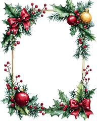 Festive Christmas Frame with Holly, Bows, Ornaments, and Berries for Holiday Celebrations