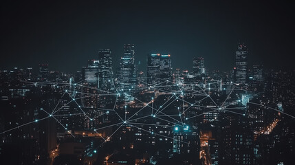 Fototapeta premium Smart digital Innovation city with connection network reciprocity over the cityscape. of future smart wireless digital city and social media networking systems that connects people with in city