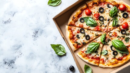 Pizza with tomatoes and olives in a cardboard box on white background, top down view, flat lay.