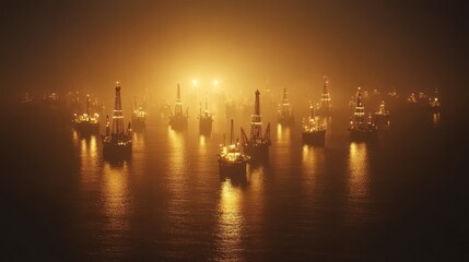Obraz premium Oil rigs illuminated at night in a foggy sea. Golden light bathes the offshore platforms.