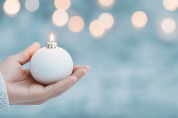 merry christmas peace concept. A hand holds a white Christmas ornament with a lit candle on a soft, blurred background of warm bokeh lights.
