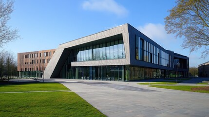 Fototapeta premium A university building with a zigzagging roofline and faceted walls, creating a dynamic and contemporary visual effect