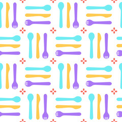 Fork, knife, spoon. Seamless pattern with color kitchen items