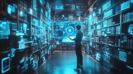 Obraz premium Futuristic Holographic Education Platform with Interactive Data Visualizations in Minimalist Azure Library