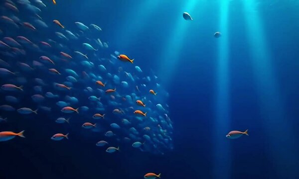 A swirling school of neon fish moving rhythmically against the deep blue of the sea, creating a mesmerizing dance of colors.