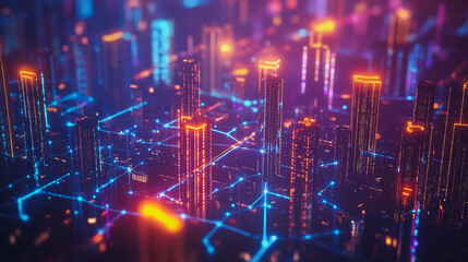 Obraz premium Smart digital Innovation city with connection network reciprocity over the cityscape. of future smart wireless digital city and social media networking systems that connects people with in city