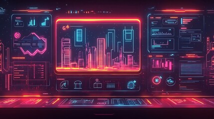 Futuristic Construction Planning Dashboard with Animated Building Icons and Neon Skyline