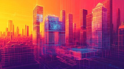 Cutting Edge Construction Planning Dashboard With Holographic Building Models and Tech Infused Cityscape