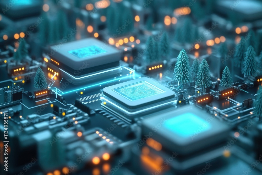 Poster futuristic technology concept with circuit board and neon lights representing advanced computing, ar